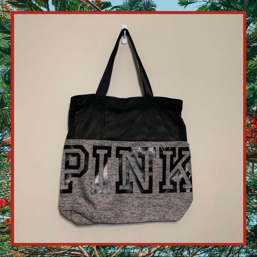 PINK Logo Mesh-Top Tote in Grey Marl